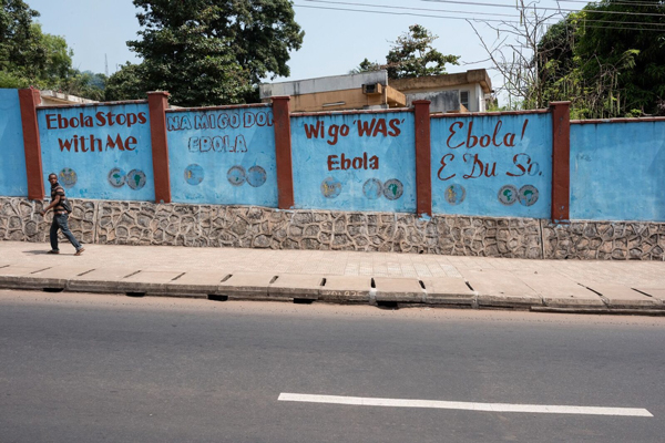Photo of a street in Sierra Leone with Ebola-related murals in different languages. Credit: Joshua Yospyn
